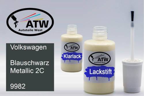 Volkswagen, Blauschwarz Metallic 2C, 9982: 20ml Lackstift + 20ml Klarlack - Set, von ATW Autoteile West.